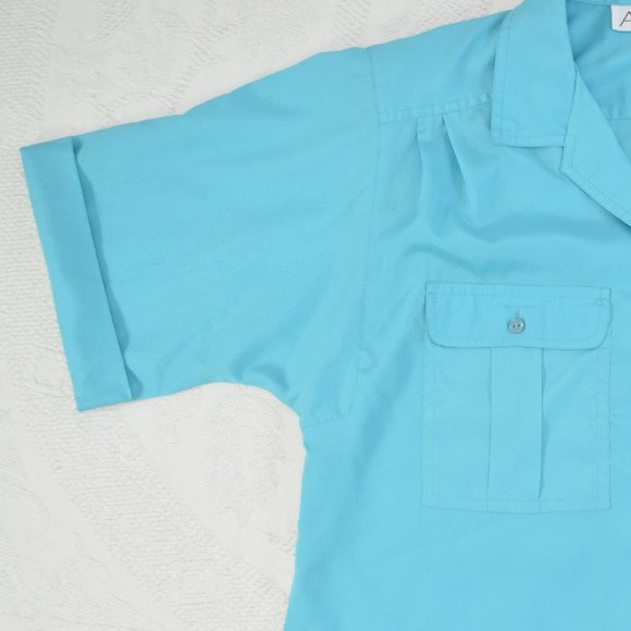 Vintage 90’s Ariella Aqua Blue Lightweight Button Up Short Sleeve Shoulder Pad B - Picture 3 of 12